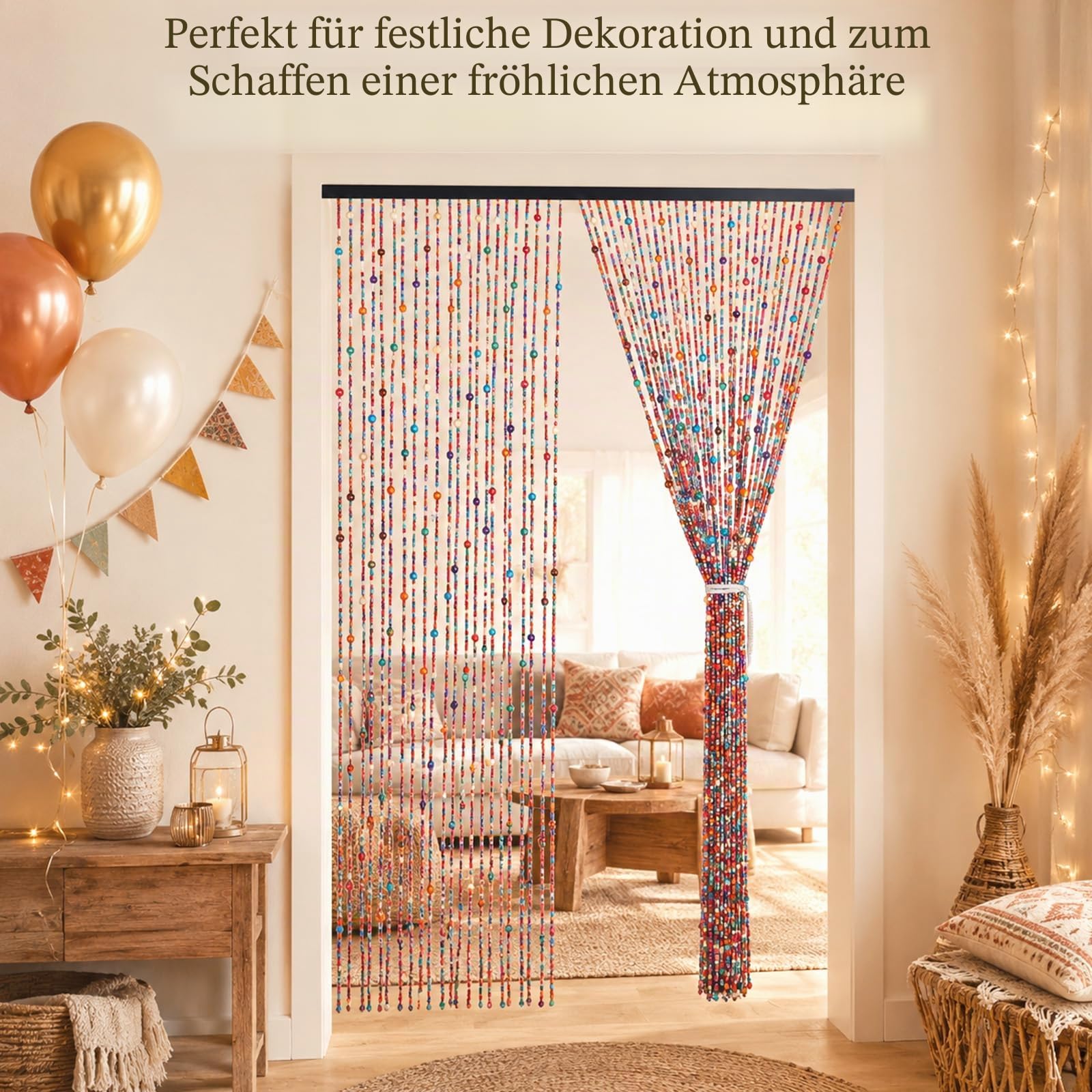 200x90cm Perlenvorhang Türvorhang Bambus mit 2 Leinenbändern, Handarbeit Natur Türvorhang Fadenvorhang als Insektenschutz Fliegenschutz für Schlafzimmer Wohnwagen Camping