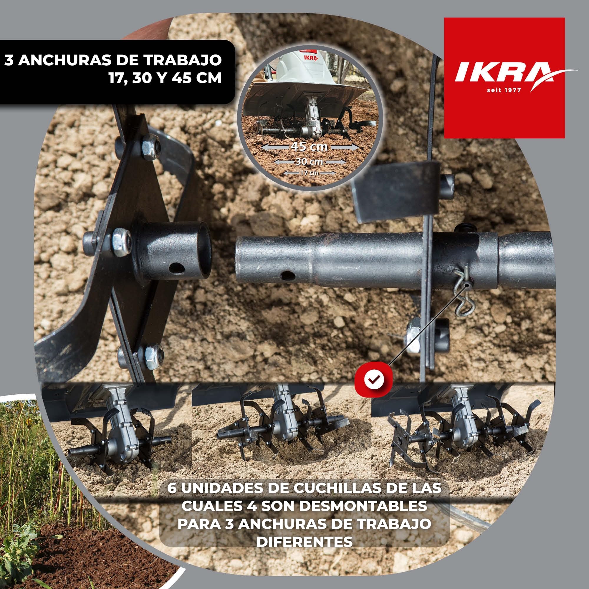 IKRA motoazada eléctrica motocultor cultivador Fem 1500, Ancho útil 17-45cm, 1500W, Incl. arado aporcador