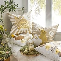 Vista 6 de Ashler Fundas de almohada de conejo de Pascua, fundas de almohada decorativas de huevos de Pascua, fundas de almohada doradas de 18 x 18 pulgadas