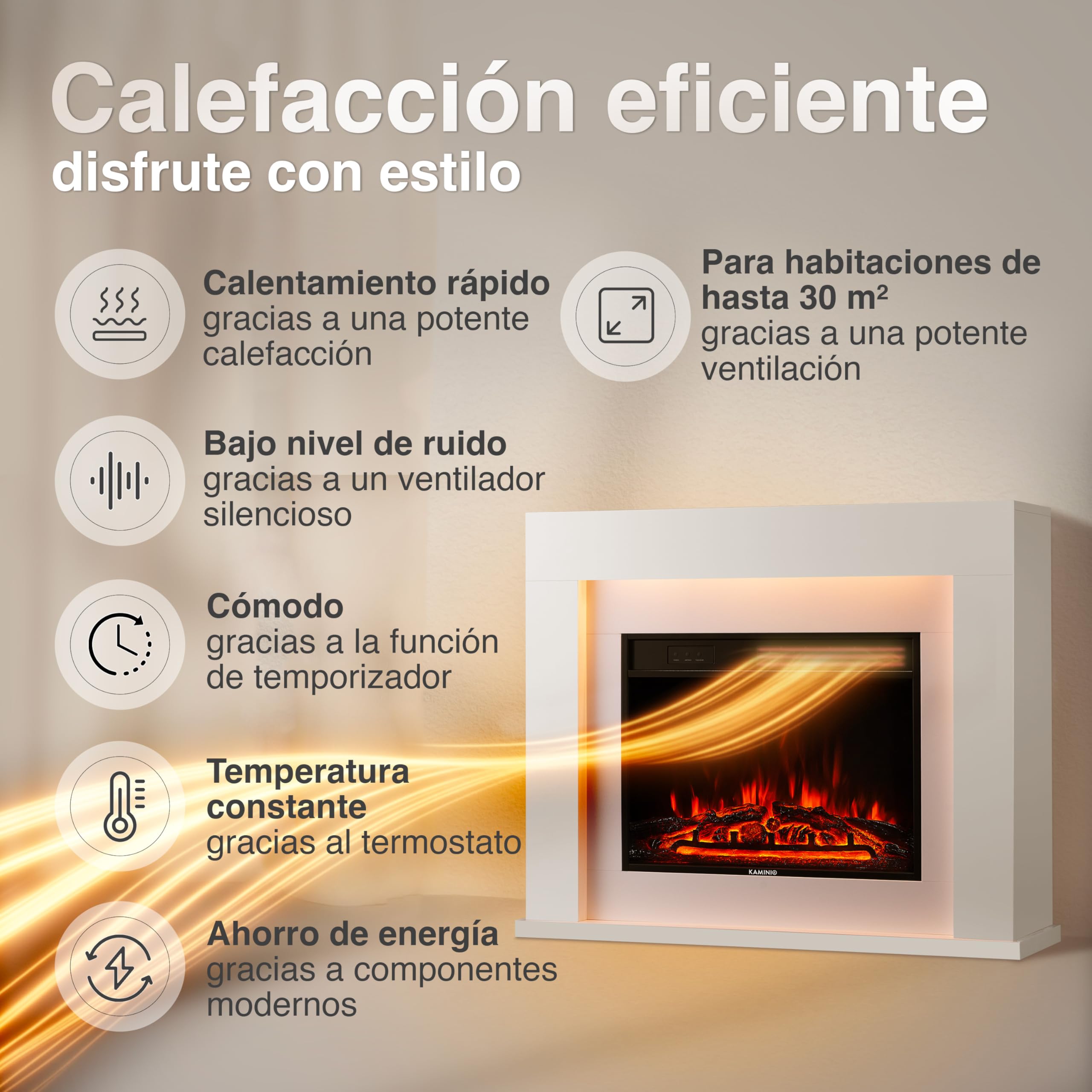 KAMINIO Chimenea eléctrica Matti - Estufa de pie con calefacción, Efecto de Llama 3D, Luz Ambiental LED, Control Remoto - 38 Pulgadas (Blanco)