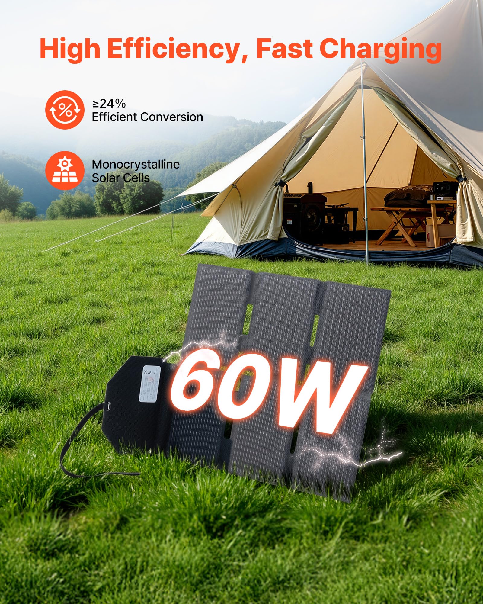 VEVOR Składana ładowarka słoneczna 60 W, monokrystaliczny panel słoneczny Typ N 16 BB, przenośna z wyjściem MC4, porty typu C, USB-A do elektrowni, kempingu, turystyki pieszej