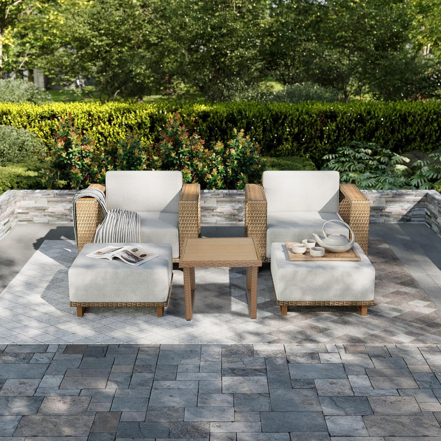 6-Piece Outdoor Patio Furniture Set, Rocker Chairs and Sofa with 10 inch Thick Cushions and Steel Frame and Wooden Board, PE Rattan Weaving Outdoor Conversation Set Brown/Light Gray Linen