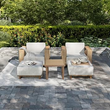 5 Pieces Outdoor Patio Furniture Set, PE Rattan Weaving Sofa with 10 inch Thick Cushions, with Dining Table,Coffee Table and 2 footstools, Steel Frame, Outdoor Conversation Set Brown/Beige/Wood