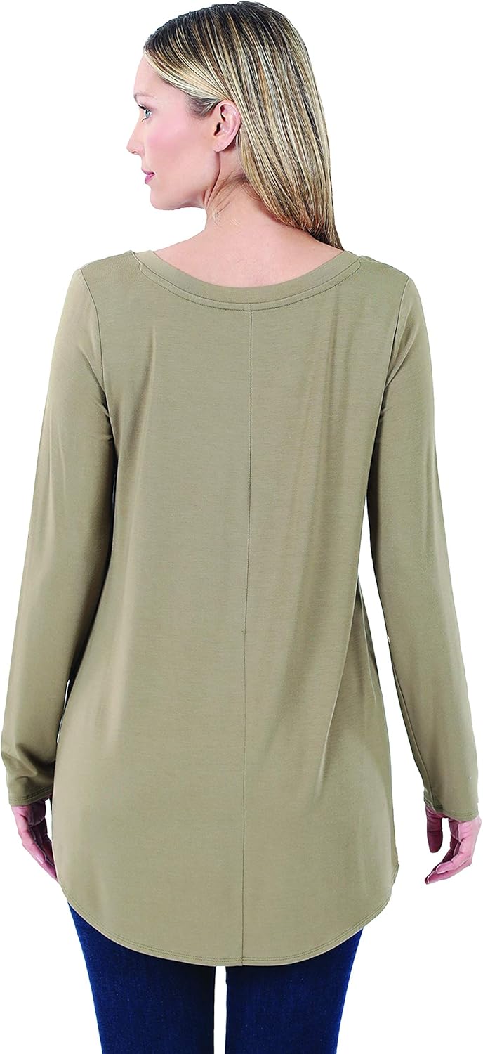 Zenana Luxe Rayon Long Sleeve V-Neck HI-Low Hem TOP Khaki S - Image 3