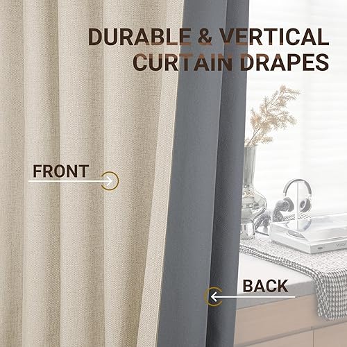 Miniatura 6 de zeerobee - Cortinas blackout, 100% opacas, 2 paneles, lino, aislamiento térmico, pestañas traseras, bolsillo para cortinero, para sala de estar y