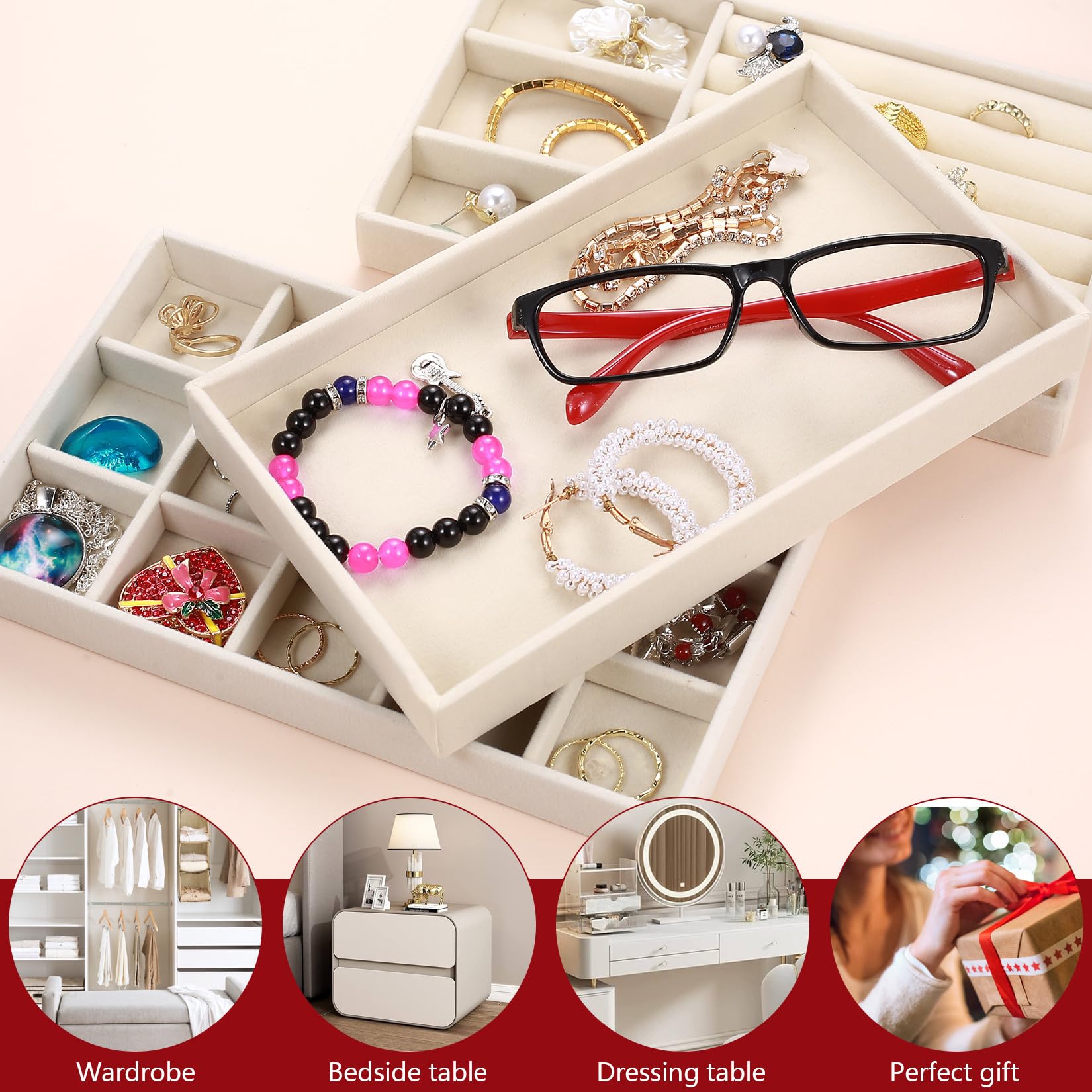 4 unidades de almacenamiento para joyas, cajón apilable, organizador de joyería, para cajones, pulseras, anillos, pendientes, tocador