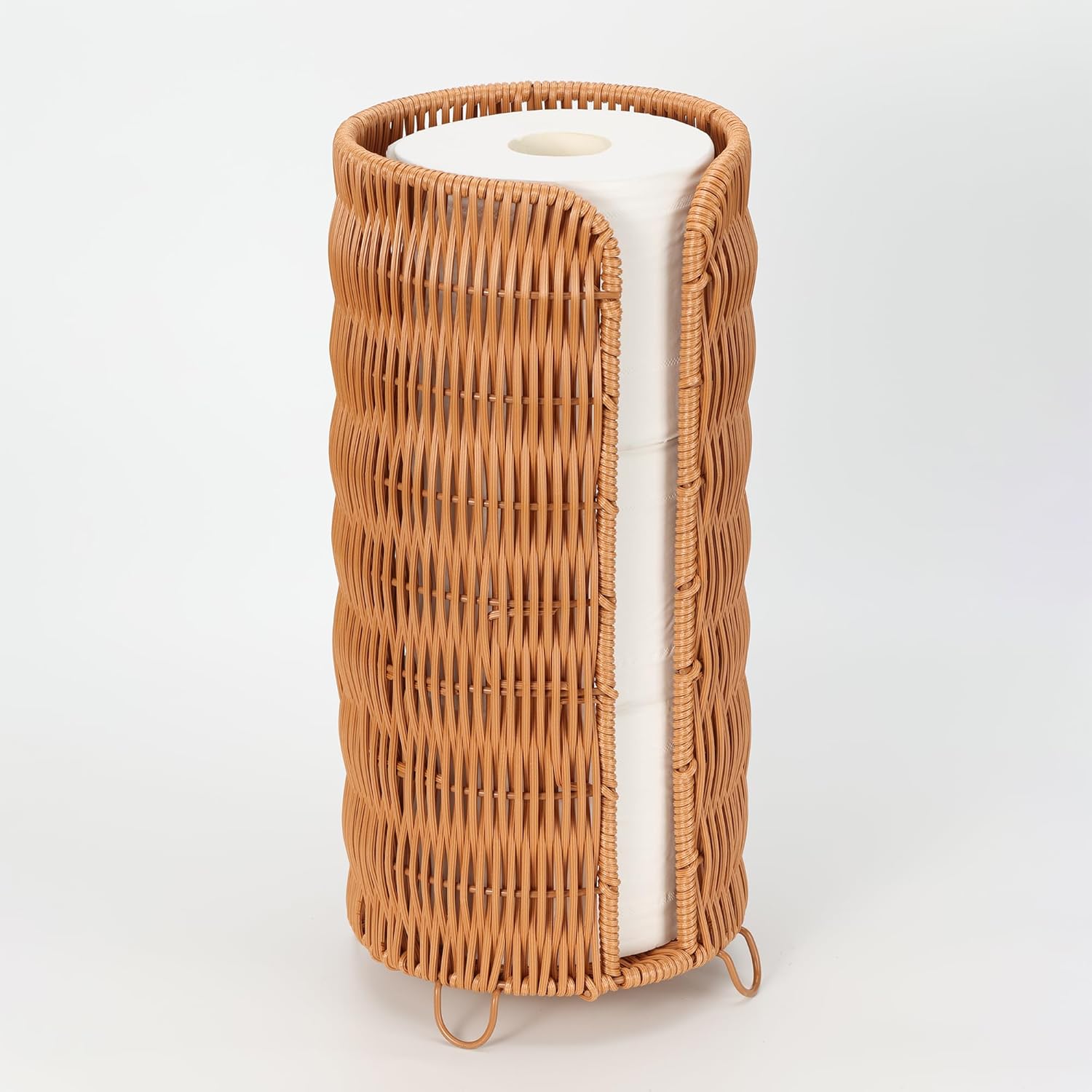 Freestanding Rattan Toilet Paper Holder, Bathroom Storage Organizer Holds 3 Rolls, Space Saving Wicker Toilet Roll Stand for Bathroom Decor