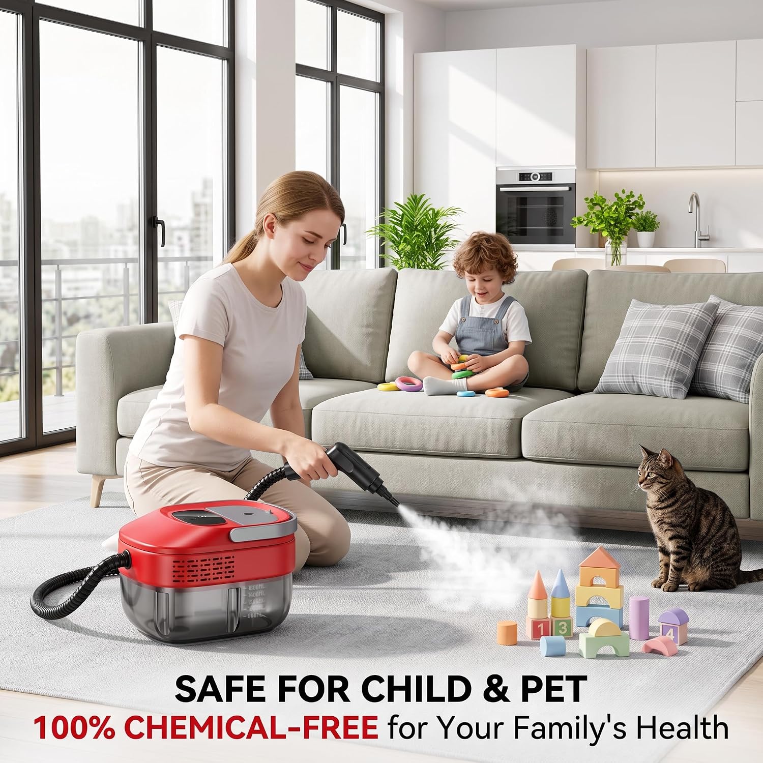 Steam Cleaner for Home & Car, 3-Level Adjustable Steamer for Cleaning