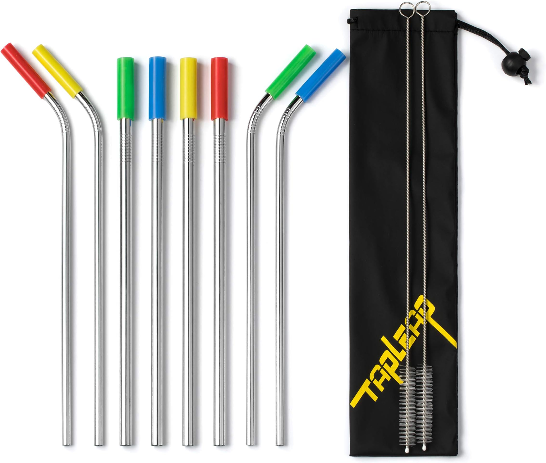 Reusable Metal Straws for Drinks With Silicone Tips, Brush (4 Straight 0.31" | 4 Bent 0.24") 9.5" Tapleap Stainless Steel Drinking Straw For Tumblers, Dishwasher Safe (Silver)