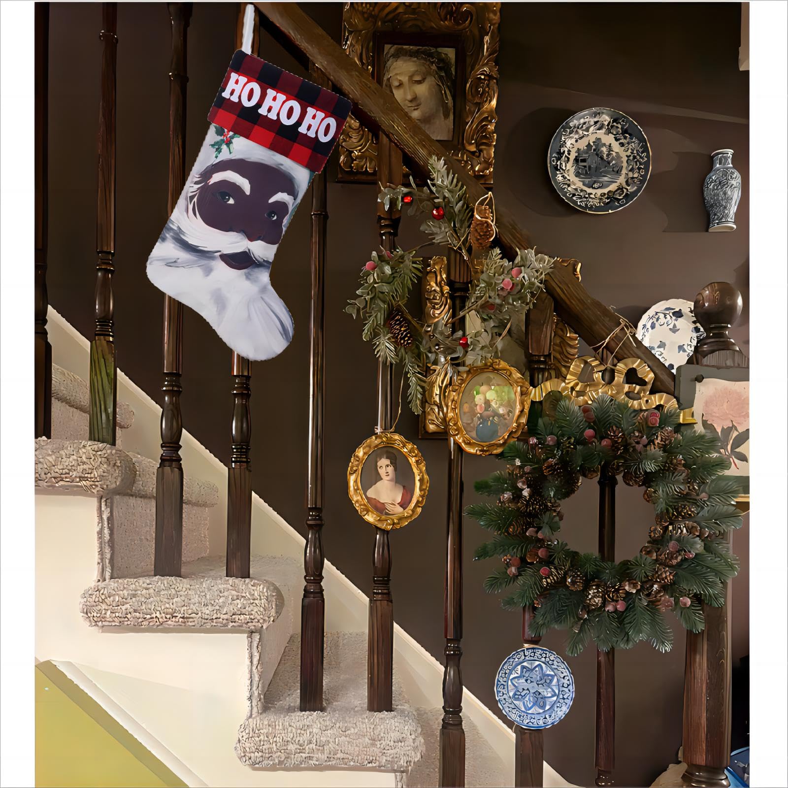 Calcetín de Navidad de Papá Noel negro de 19 pulgadas con bordado, Papá Noel afroamericano para decoración navideña
