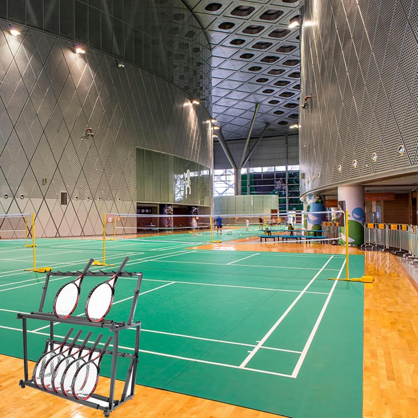 Regulowany stalowy stojak na piłki do tenisa i badmintona, łatwy montaż, idealny na boiska sportowe, stabilna podstawa, idealna do treningu i gier