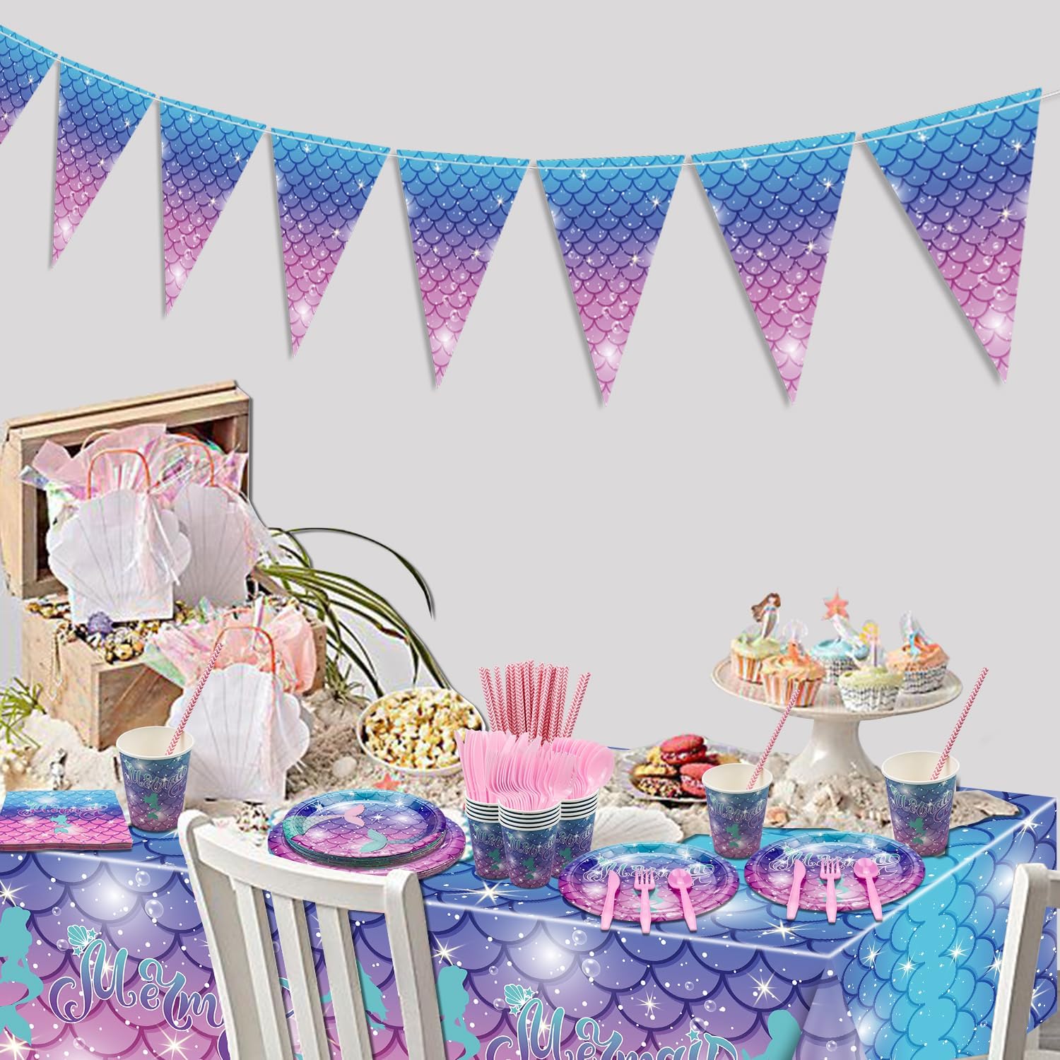 Mermaid Decor - 162PCS Party Supplies Including Plates, Napkins, Pennant, Tablecloth, Cups for Mermaid Birthday Party, Serves 20