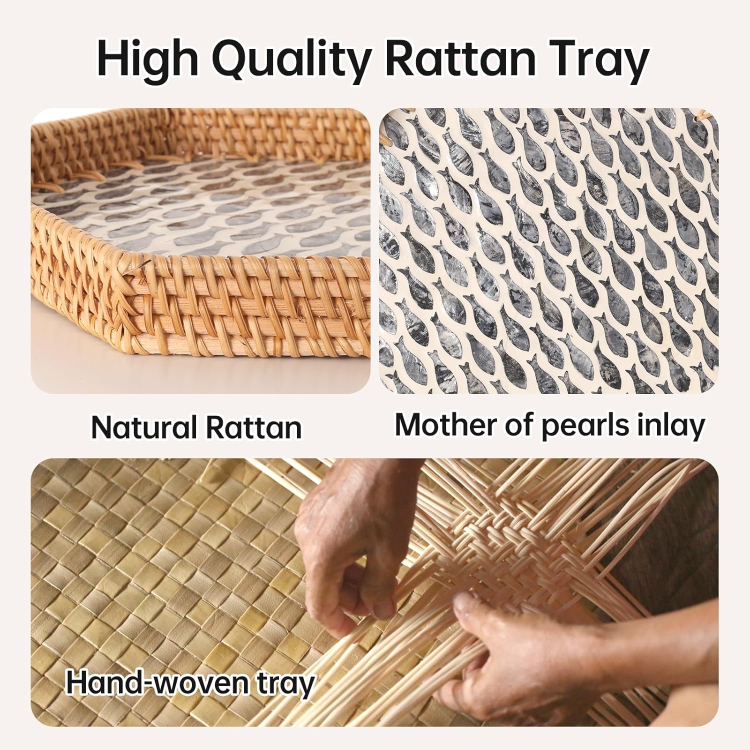Hexagon Rattan Tray with Mother of Pearl Inlay, Rattan Serving Tray for Coffee, Bread, Fruits, Snacks, Decorative Wicker Tray for Table Decor, Home Decor (Little Bluefish, 14.5"×12.8") - Image 5