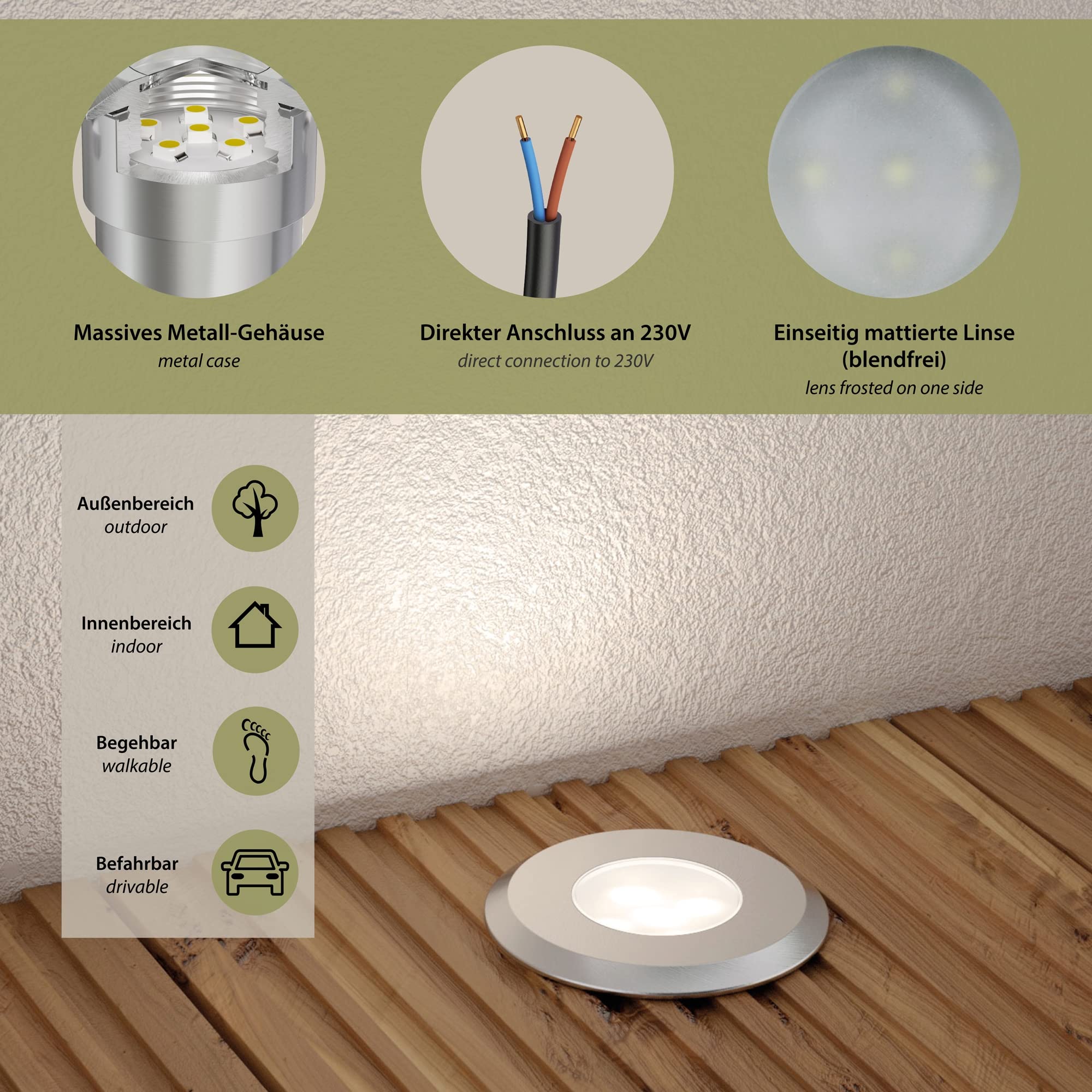 ledscom.de 8x LED Bodeneinbauleuchte AGENA für außen, IP65, edelstahl, rund, 60mm Ø, warmweiß