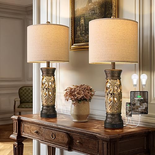 BOBOMOMO Juego de 2 lámparas de mesa doradas antiguas de 27.25 pulgadas, lámparas de noche de granja con luz nocturna y puertos USB A+C, lámparas