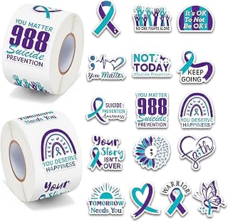 BeYumi Suicide Awareness Roll Stickers - 1000Pcs Teal Purple Ribbon Stickers in 2 Rolls Waterproof Vinyl Suicide Prevention Awareness Decals Campaigns Laptop Bottle Notebook Luggage Decor Kids Teens