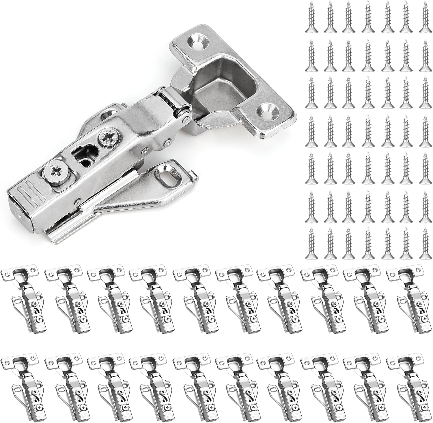 20 Pack 1/2'' Overlay Face Frame Soft Close Hidden Cabinet Hinges, 105 Degree 3D Adjustable Clip On Plate Concealed Kitchen Cupboard Door Hinges with Screws