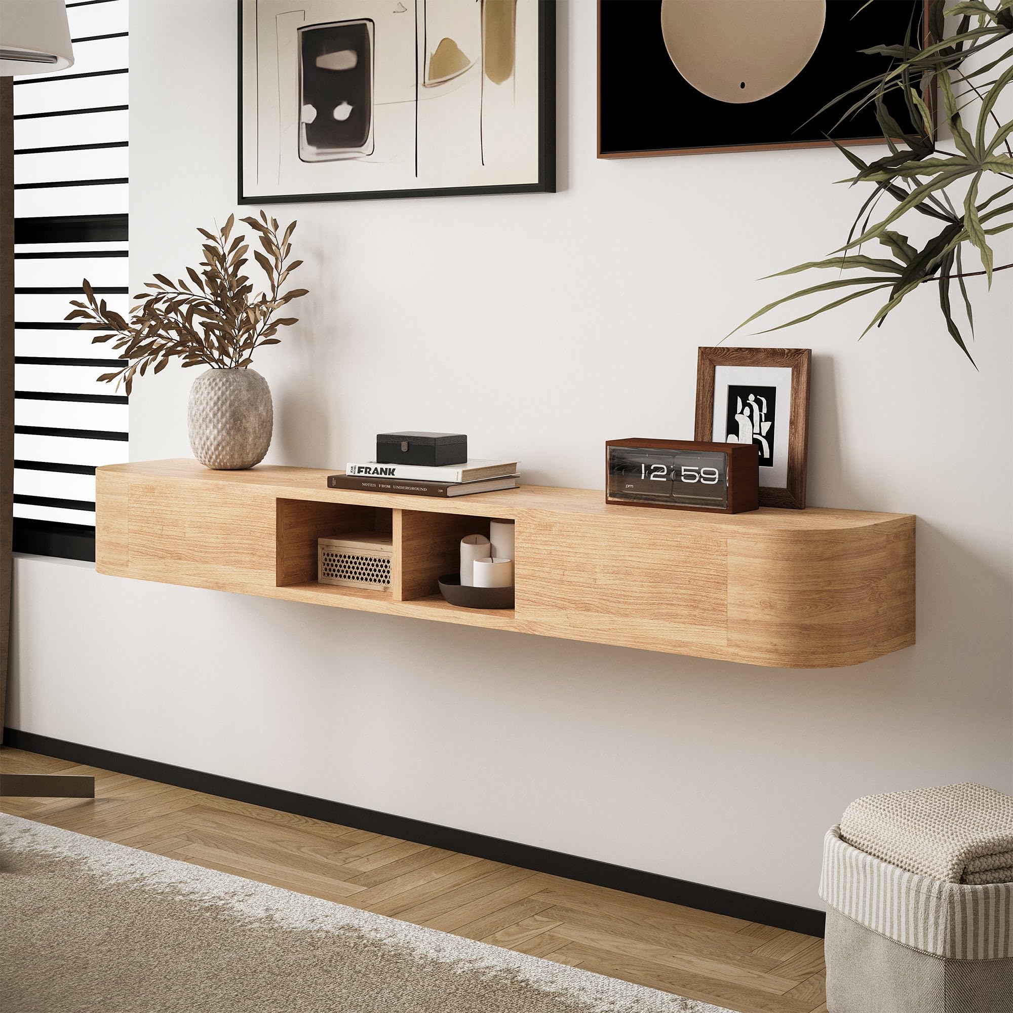 Schwebendes TV-Regal, 160 cm Wandmontiertes TV-Board mit Stauraum & Abgerundeten Ecken, Hängendes Medienboard mit Türen für Schlafzimmer und Wohnzimmer (Naturholzfarbe)