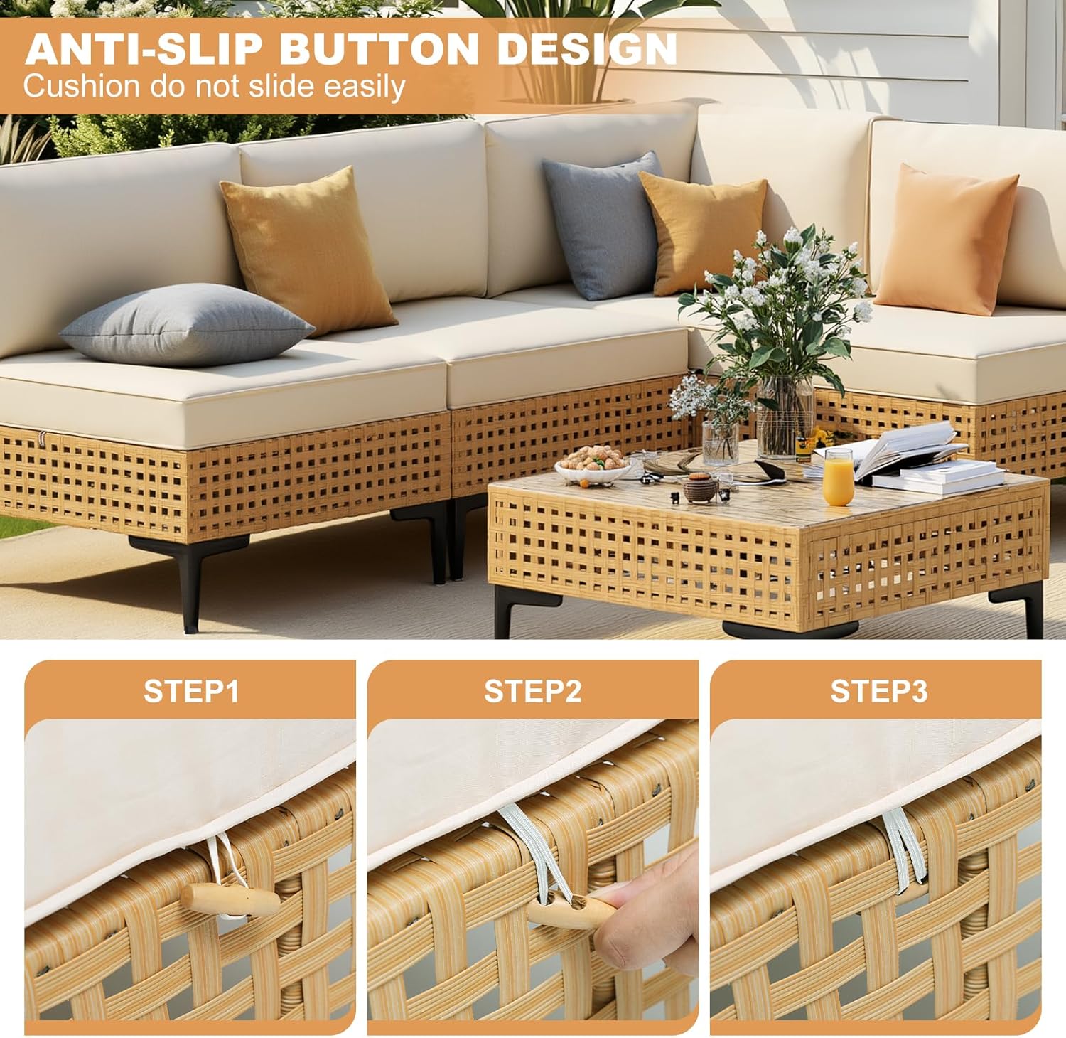 ABCASA Patio Furniture Set, 5-Piece Wicker Outdoor Patio Furniture Sets with Anti-Slip Cushions & Coffee Table,Boho Patio Conversation Set Sectional Sofa for Backyard,Porch,Beige