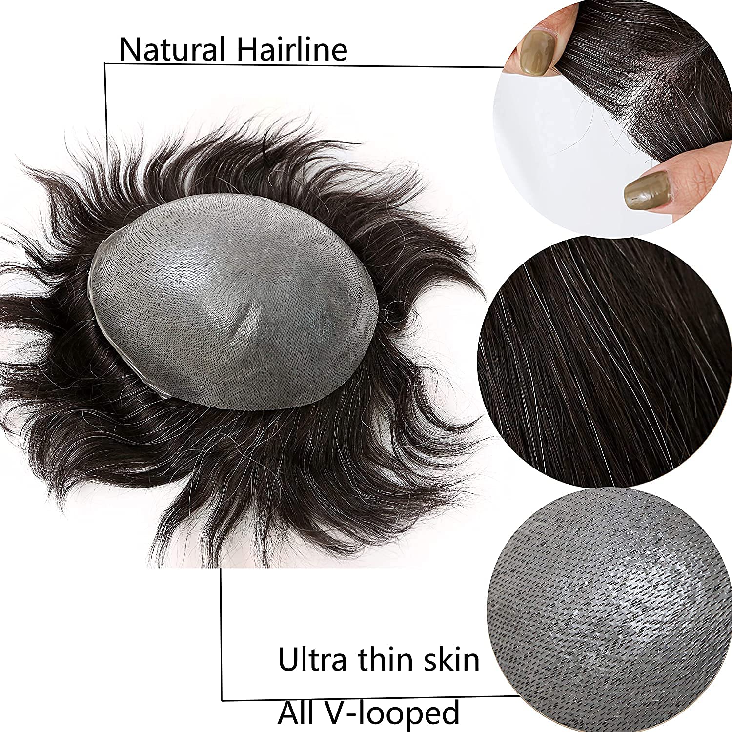 Men’s Toupee Soft Thin Skin 0.06mm PU 10x8inch Hair Replacement for Men's Hairpiece 100% European Human Hair Pieces for Man 1B Black Color Mixed 30% Grey Hair