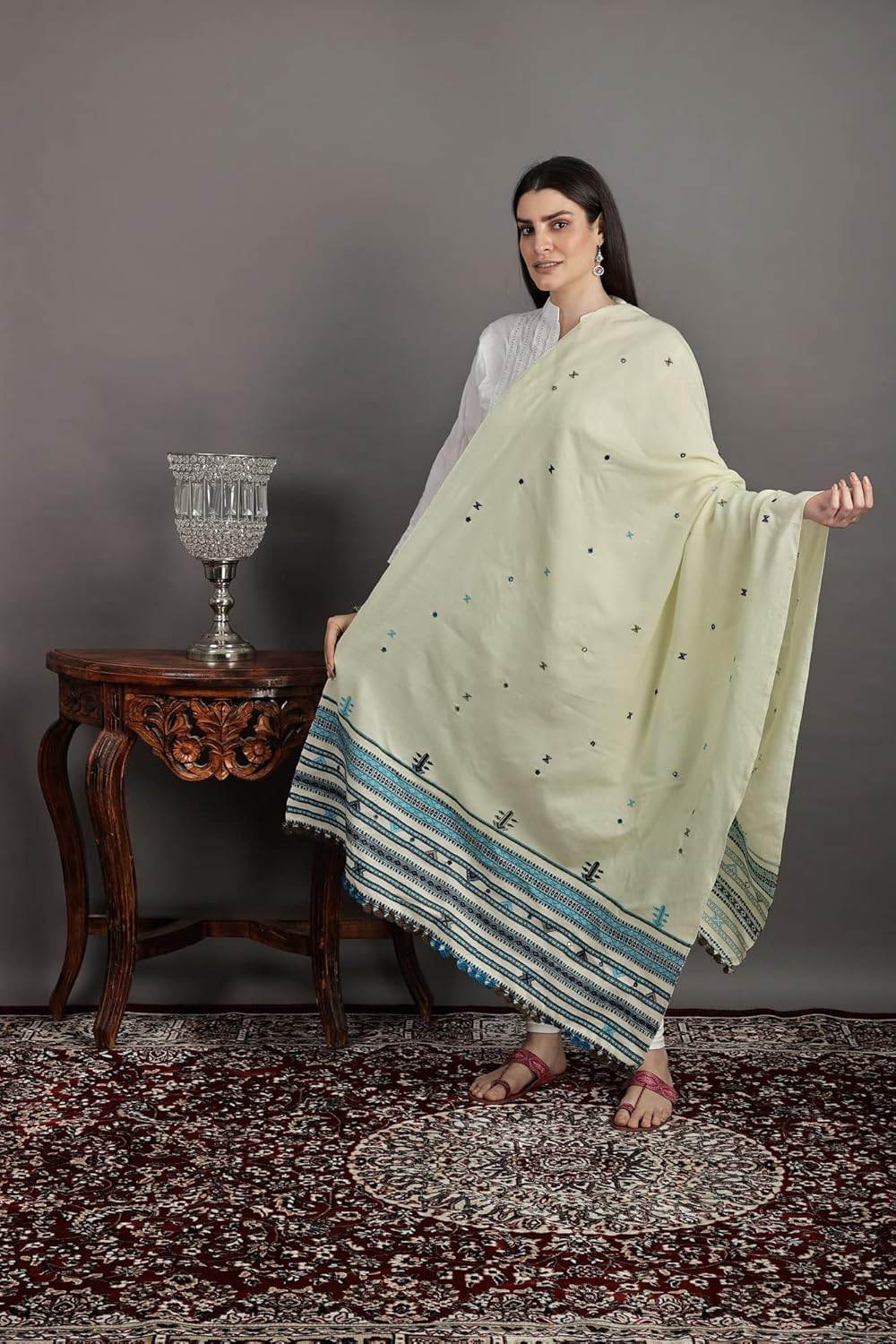 Shawl from Kutch with Embroidered Bootis and Mirrors - Wool (Hawaiian Ocean)