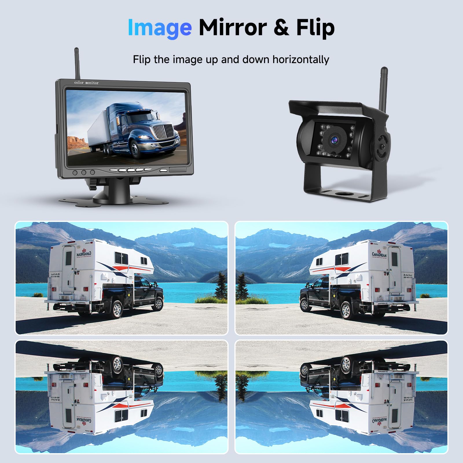 Kit di quattro telecamere posteriori 1080P HD senza fili, monitor LCD da 7 pollici con 4 telecamere di backup per rimorchi camper camion auto bus, linee guida, IP68, visione notturna, 12V-36V