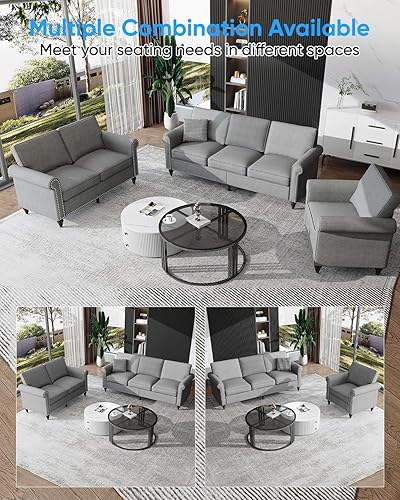 Miniatura 6 de Juego de sofás de 3 piezas, moderno sofá de 3 plazas y sofá biplaza y sillón, tela de lino de 3 asientos + sofá de 2 asientos+ juegos de muebles de