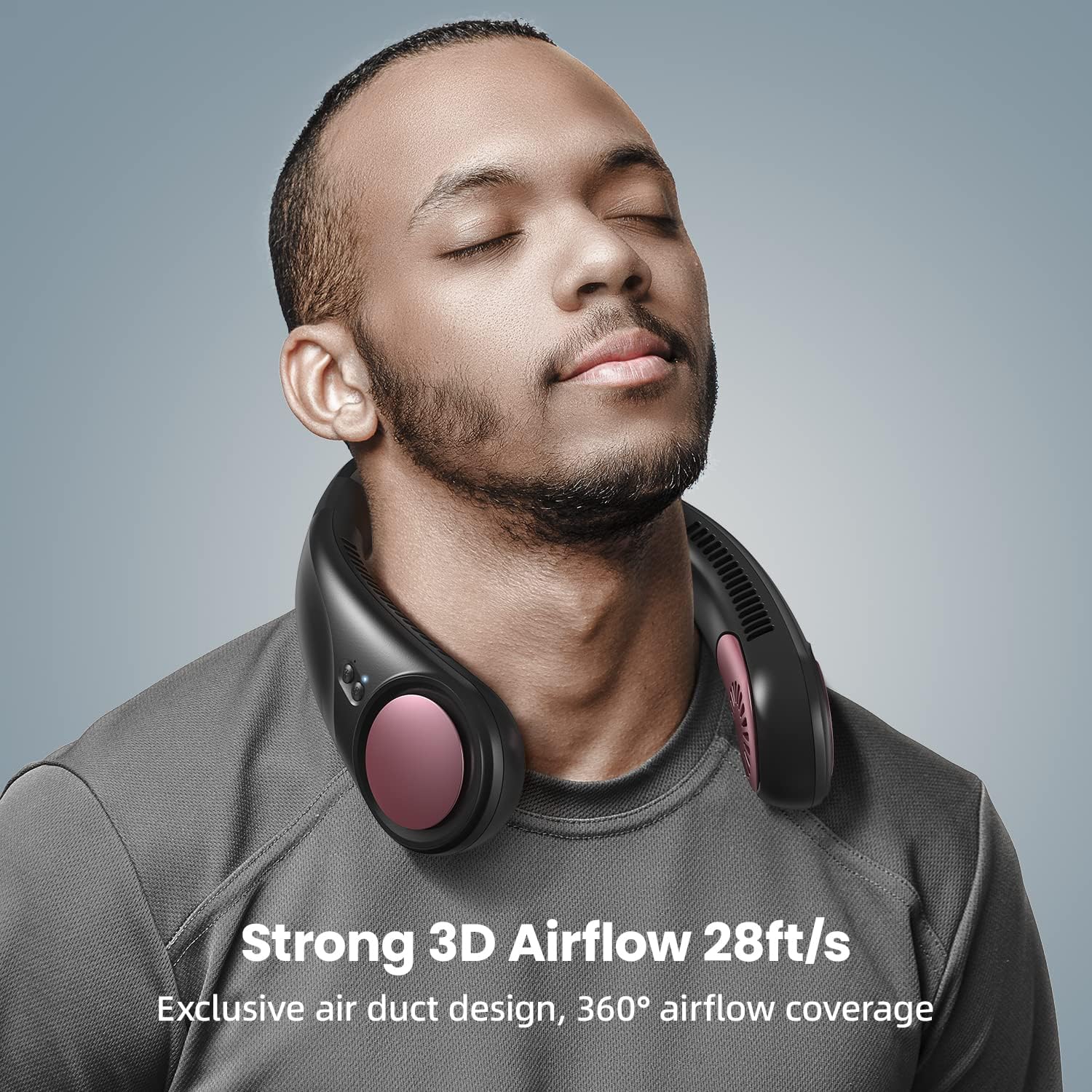 A man wearing the LEMOISTAR neck fan, demonstrating its comfortable fit and airflow.