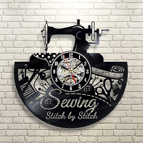 Reloj de pared de costura de 12 pulgadas, decoración negra para sala de estar, reloj de vinilo retro, reloj de pared vintage, regalo de cumpleaños,