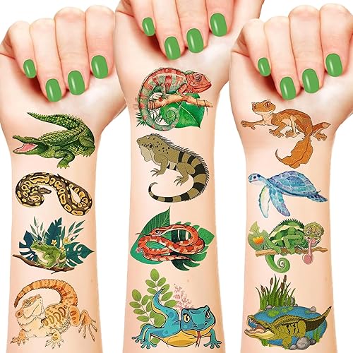144 calcomanías de reptiles para fiestas de reptiles, tatuajes temporales de cocodrilo, lagarto, lagarto, gecko, serpiente, tortuga, tatuajes para