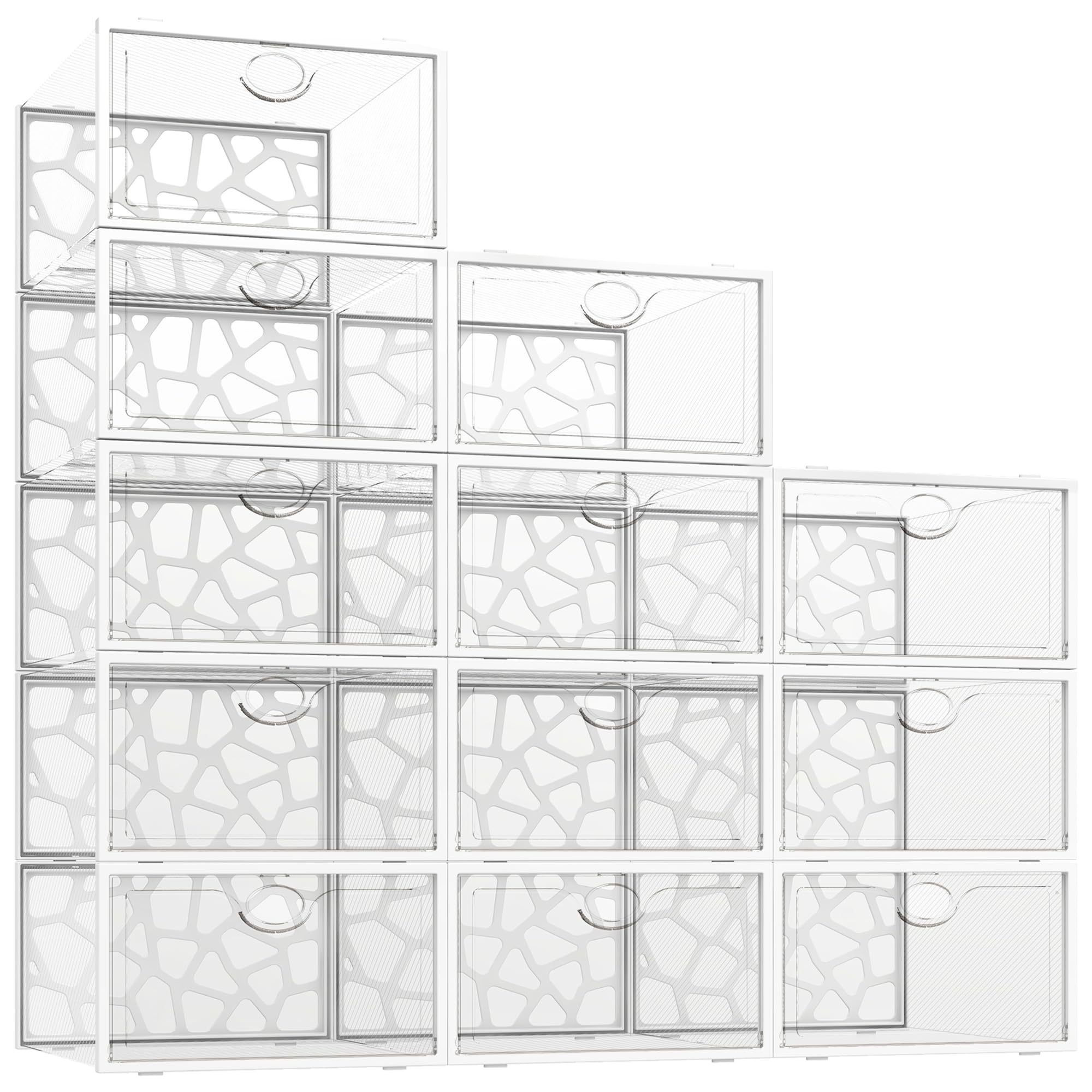 Pinkpum Storage Organizer, 12 Pack Large Shoe Boxes Clear Plastic, Foldable Sneaker Containers Stackable Storage Bins Closet Case Holder