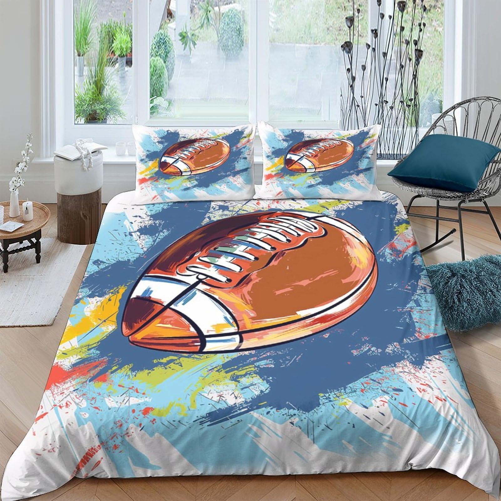 Ctjqhvkz Style-2 3D Printed American Football Splash Fitted Sheet Microfiber Soft Blue Orange Art Mattress Cover For Bedroom Guest Room Single（135X200cm）