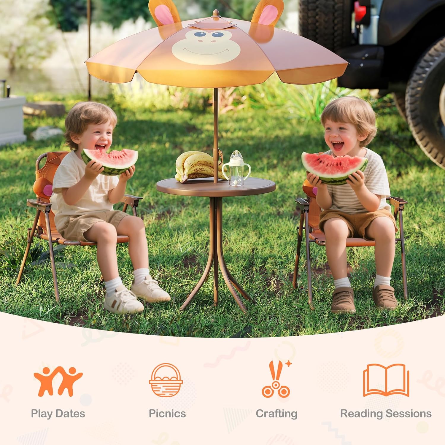 KOTEK Kids Picnic Table with Umbrella, Outdoor Table & 2 Folding Chairs, Cute Pattern Children’s Patio Furniture, Portable Kids Table and Chair Set for Backyard, Garden, Beach (Brown)