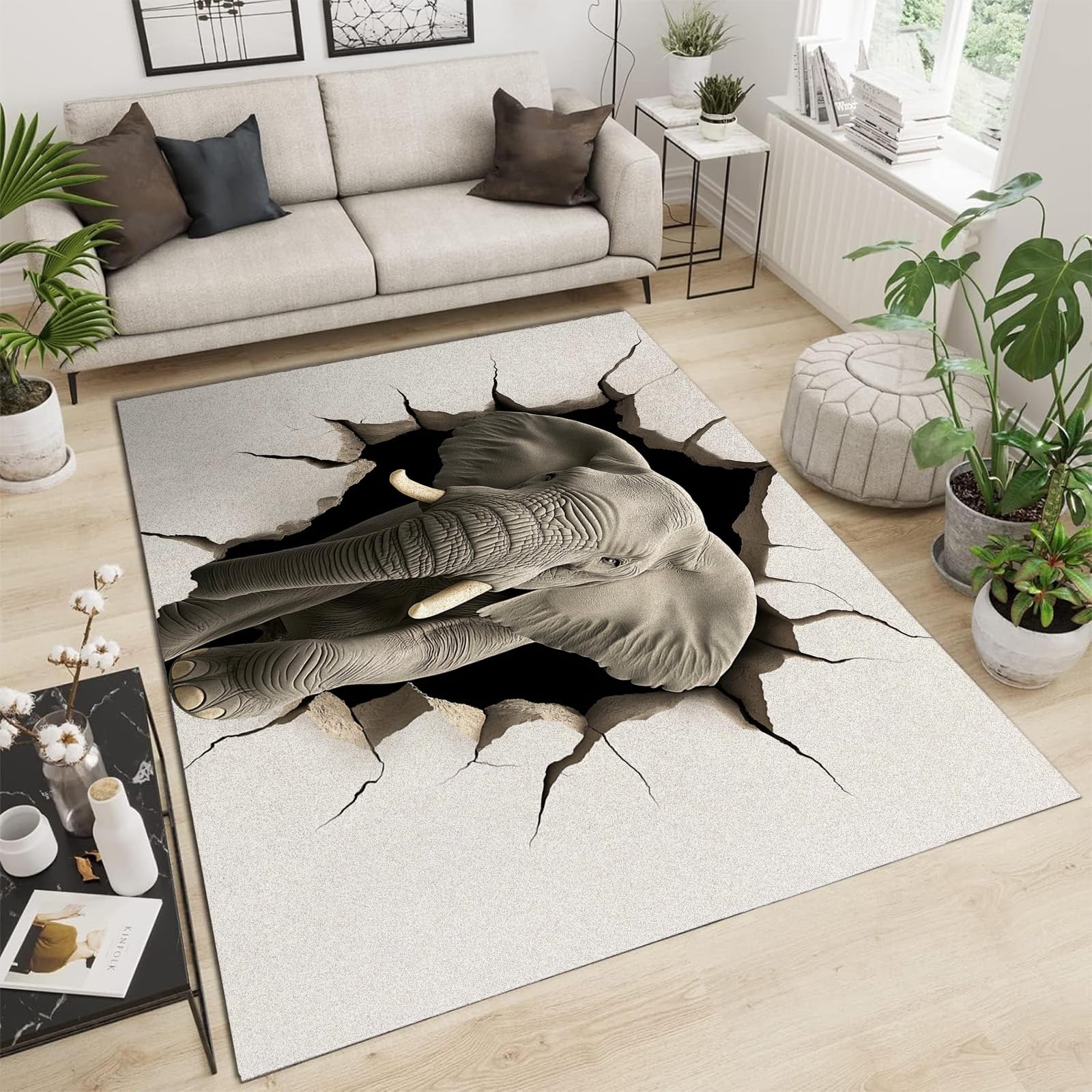Tapis de salon éléphants sauvages 120x180cm blanc moderne pour chambre et bureau