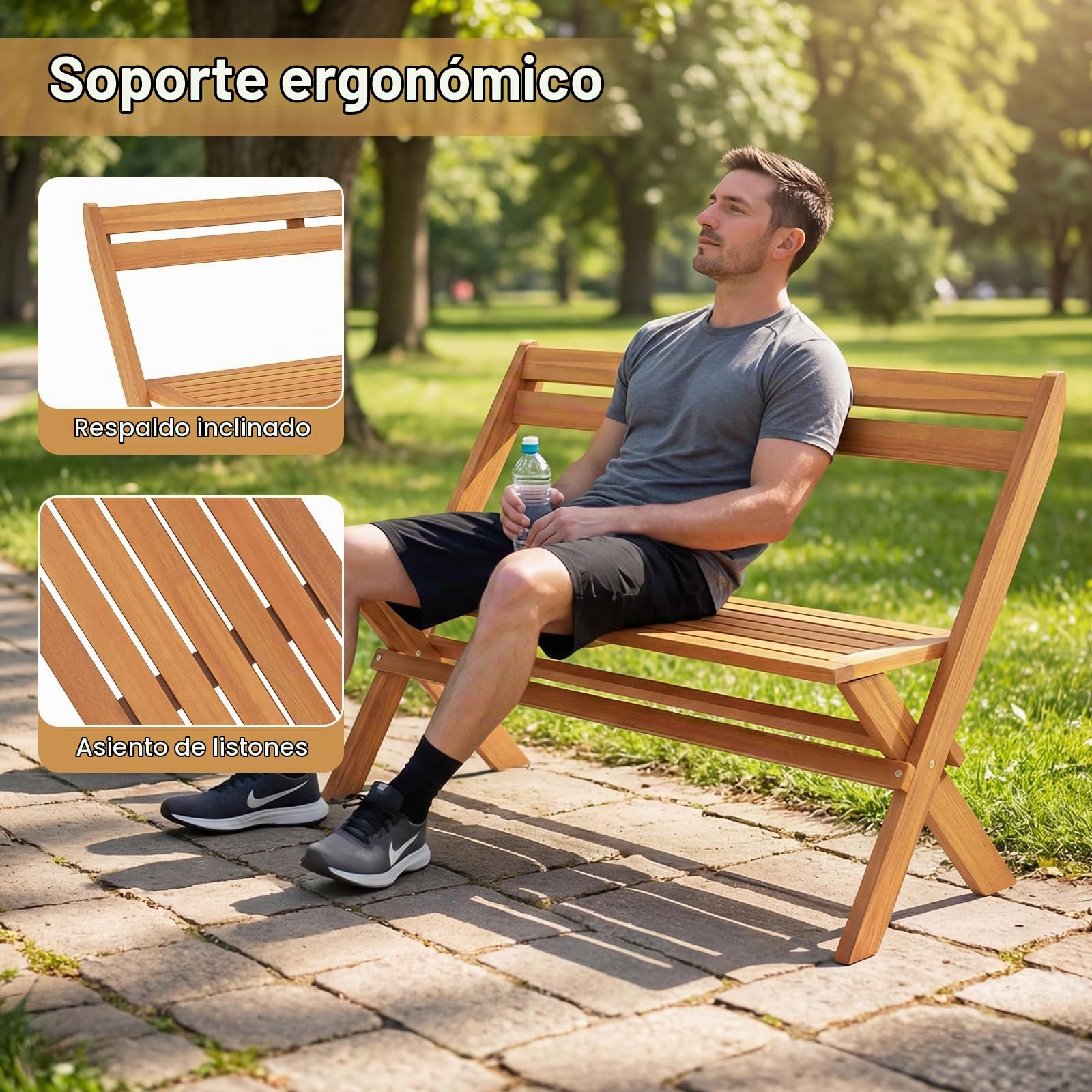 KOMFOTTEU Banco Plegable para 2 Personas, Madera de Acacia, Carga 360 kg | Asiento Exterior para Jardín, Porche, Balcón, Parque, 56 x 105 x 80 cm