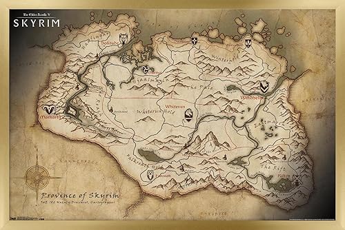 Vista 34 de The Elder Scrolls V: Skyrim - Póster de pared de mapa, 34 pulgadas de largo x 22.4 pulgadas de ancho, versión enmarcada de madera de granero Versión