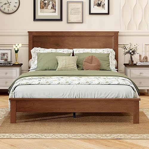 GOFLAME Queen Size Wood Bed Frame, Mid-Century Modern Platform Bed with Headboard, Solid Wood Legs, Mattress Foundation with 12 Wooden Slats, No Box Spring Needed, Walnut