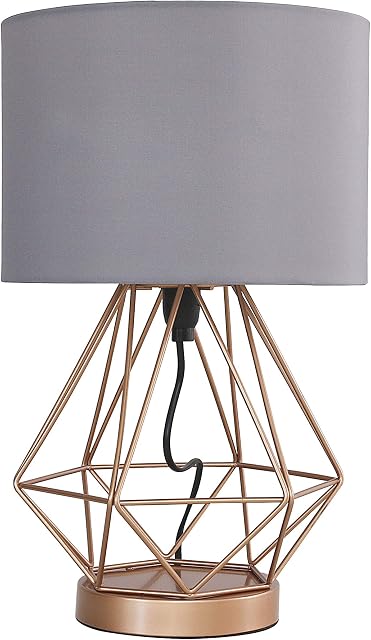 MiniSun Modern Copper Metal Basket Cage Touch Table Lamp with a Grey Cylinder Shade