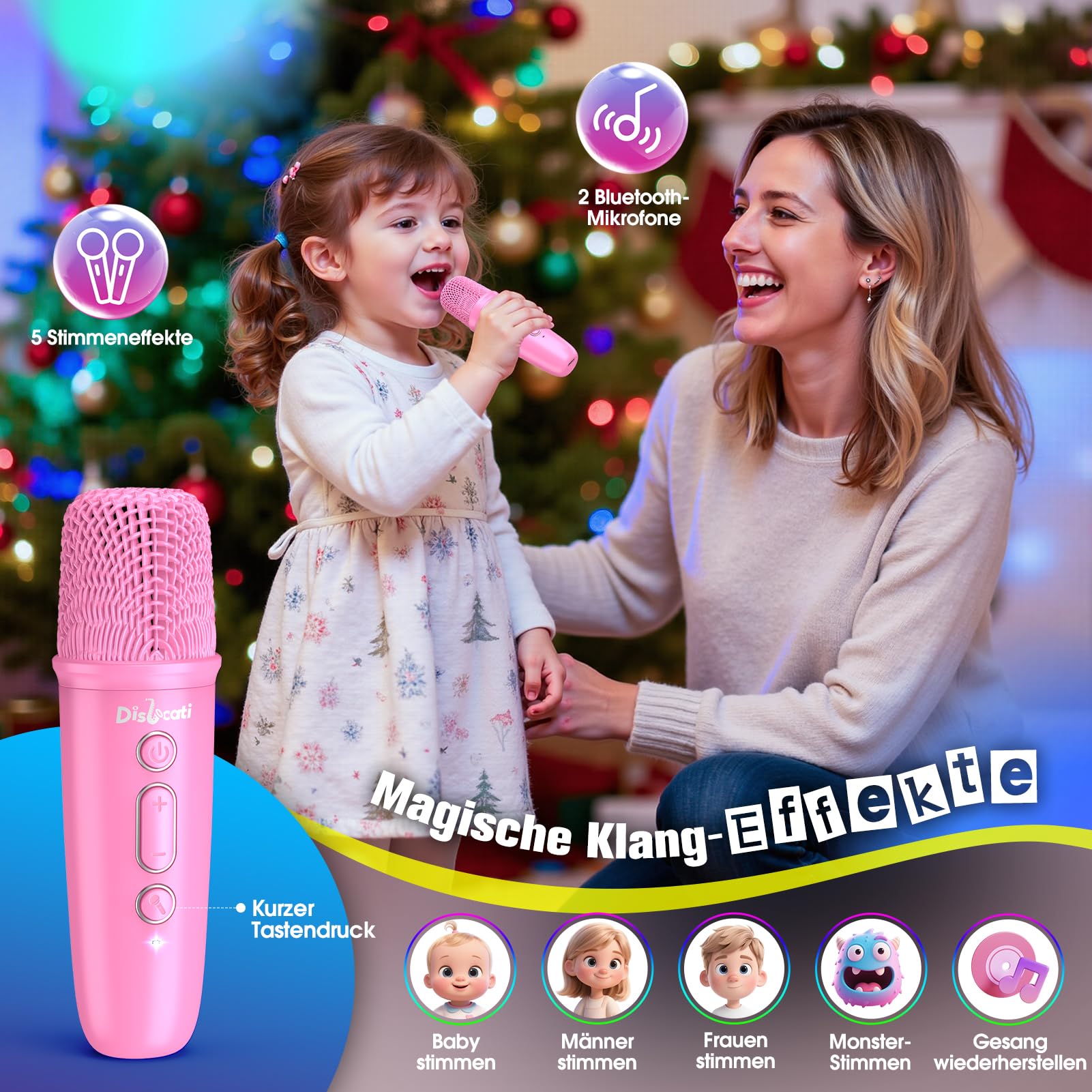 Dislocati Micro Karaoke Enfant Adulte, Jouet Fille 5 6 7 8 9 10 11 12 Ans 2 Micro avec Lumières LED Disco et Support Amovible Cadeau Anniversaire Fille 3-15 Ans Enfant pour Chanter Fill e Rose