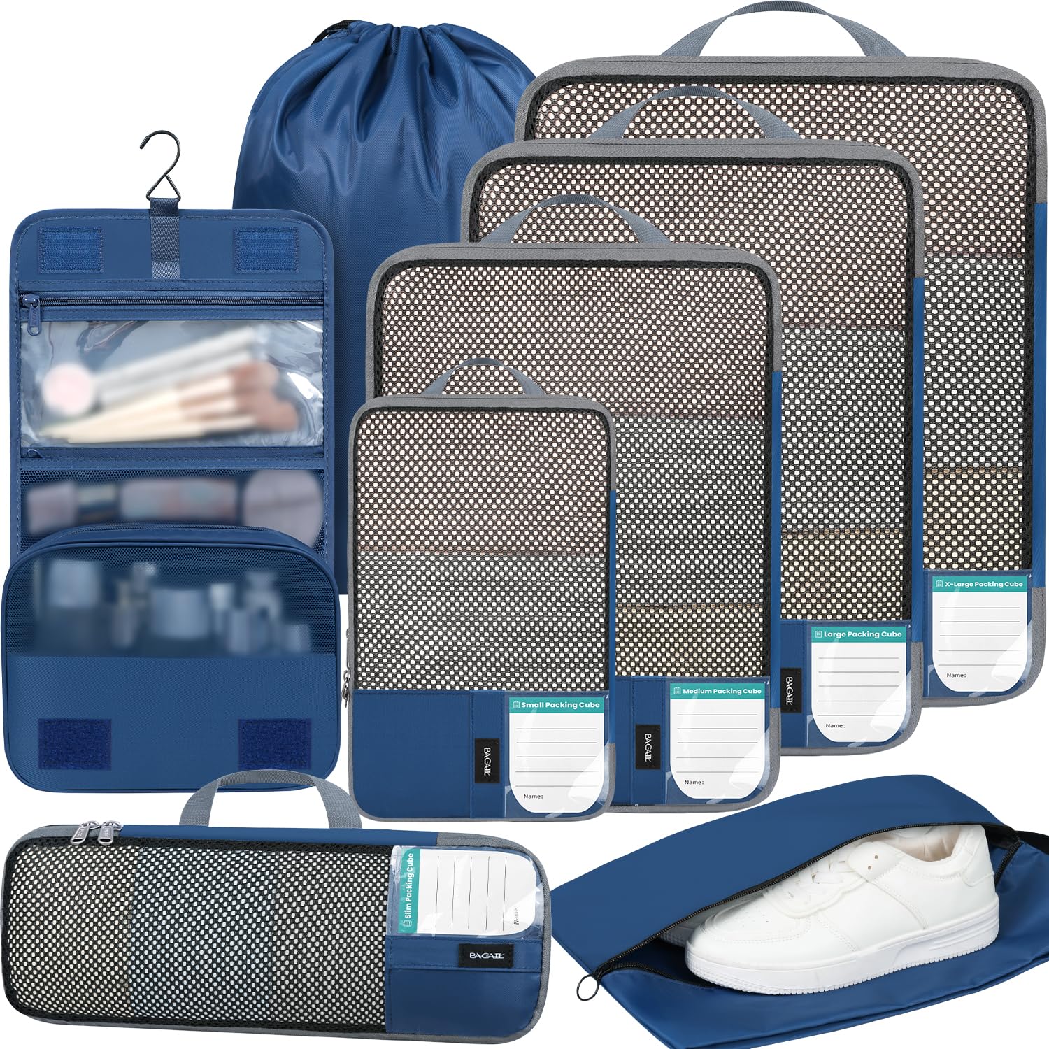 BAGAIL 4 Set/6 Set/8 Set Compression Packing Cubes Travel Accessories Expandable Packing Organizers(HalfMesh,8-Navy)