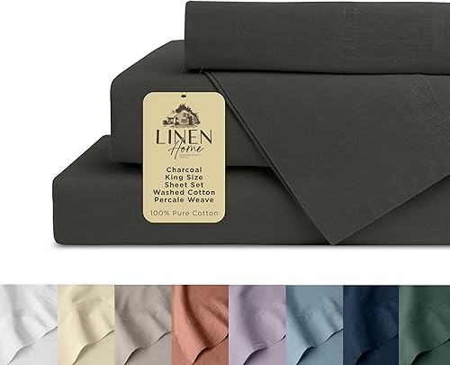Linen Home Juego de sábanas de percal de algodón lavado, color carbón, bolsillo profundo, 4 piezas, 1 sábana encimera, 1 sábana bajera y 2 fundas de