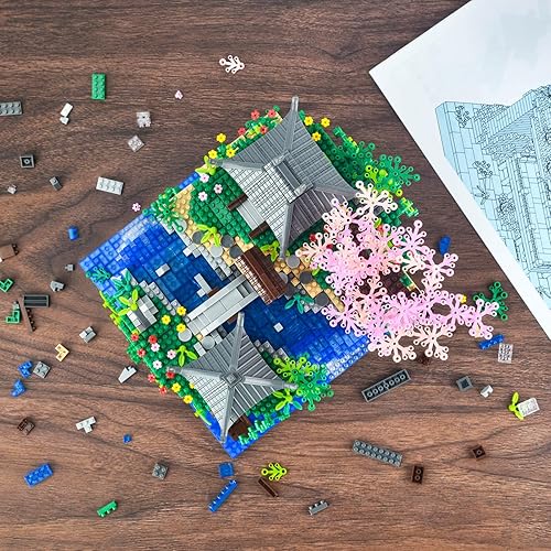 Miniatura 5 de Juego de micro construcción de árbol bonsái de cerezo, arquitectura china, kits de estanque de flor de durazno con luces, juguetes de árbol Sakura