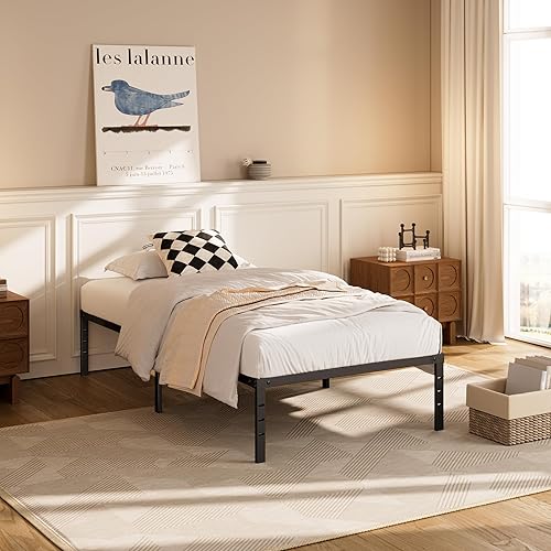 Marco de cama de 18 pulgadas de alto, tamaño Queen, soporte de acero resistente, 2500 libras, marco de cama Queen de metal, no necesita somier,