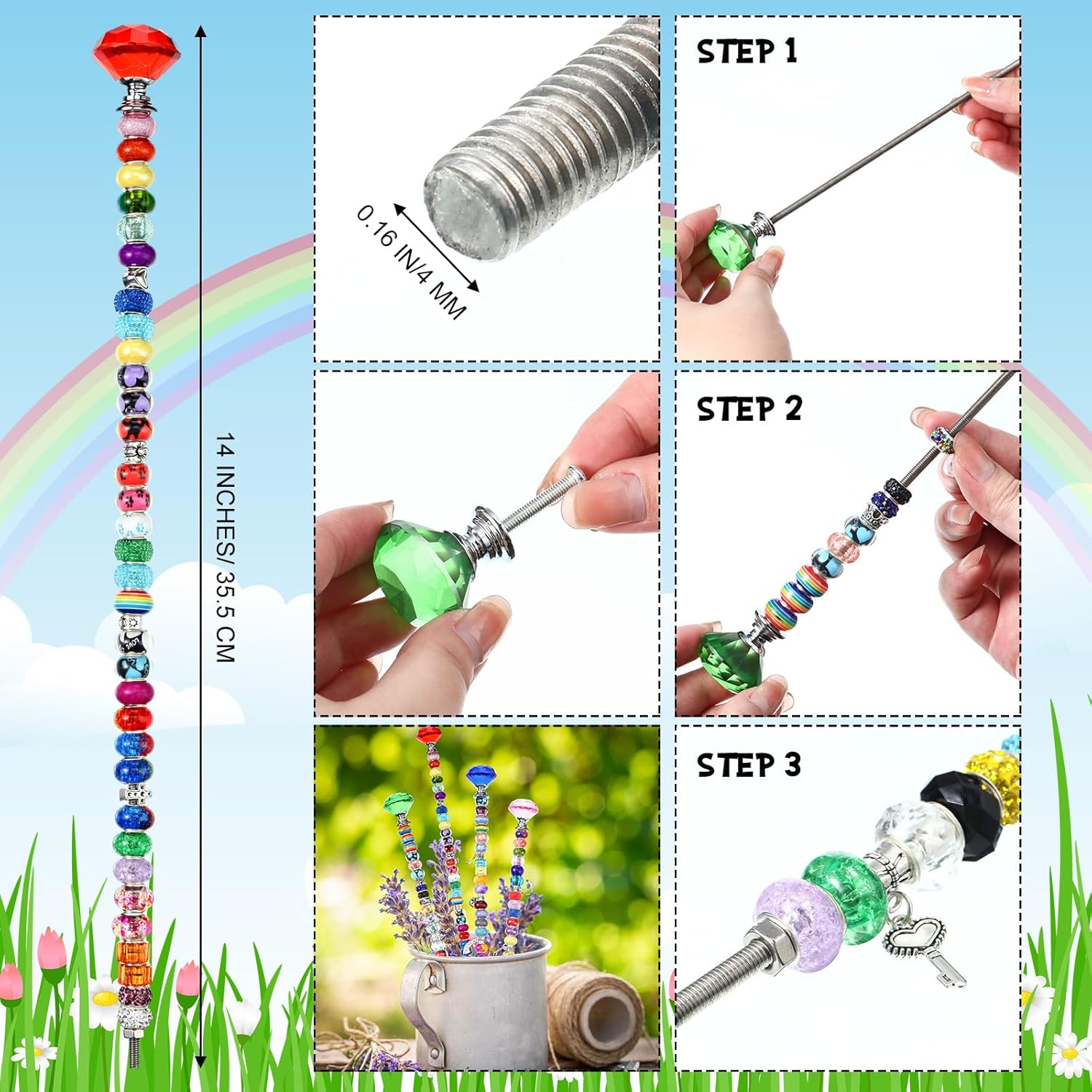 227 Pcs 14 Inch Garden Stakes Decorative DIY Wand Garden Stakes Wands with Diamond Toppers 8 Inch Caterpillar Garden Stake Beaded Stakes Fairy Sticks for Children Mom Outdoor Decoration - Image 5