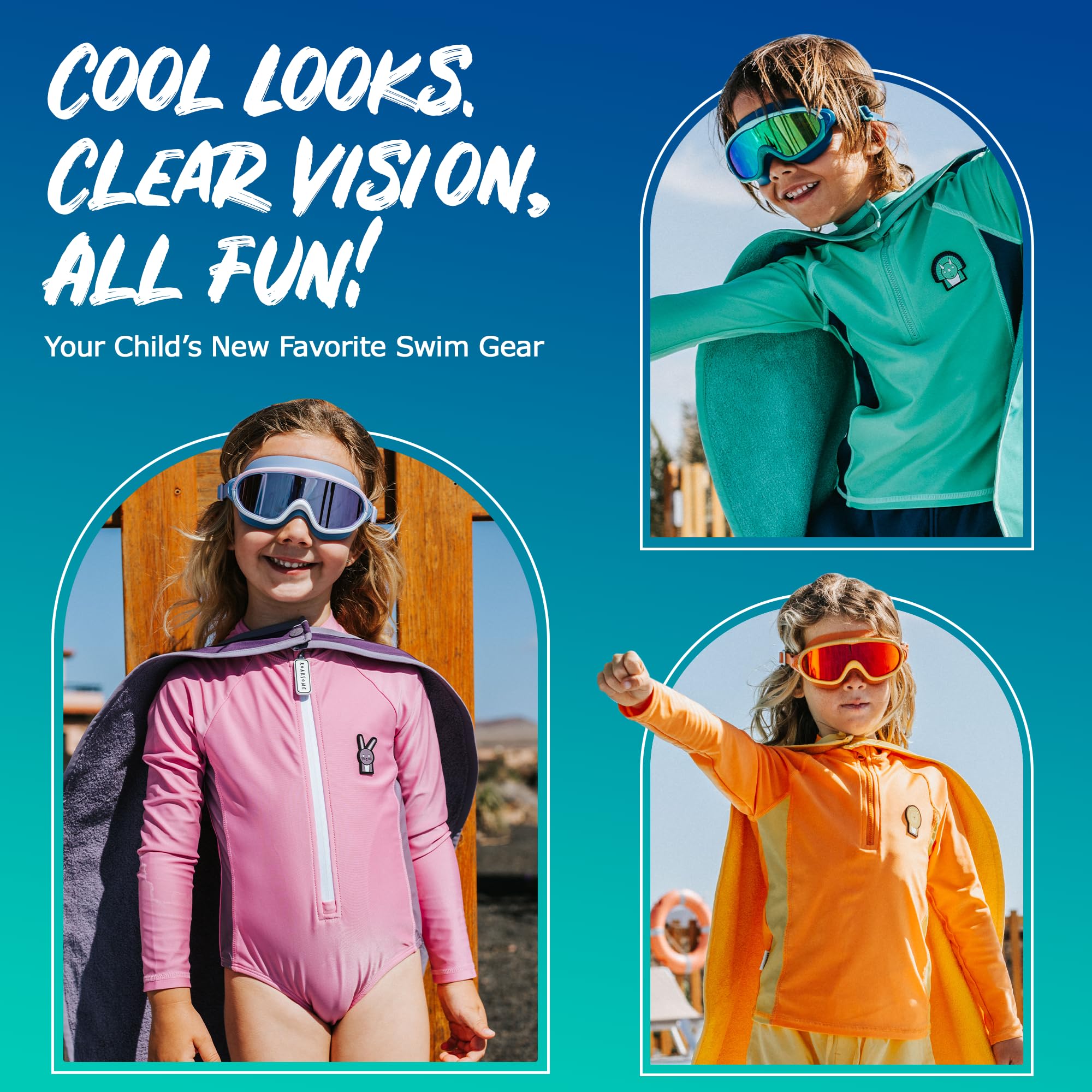 Roarsome Gafas de natación, lente de visión ultra ancha, antivaho y protección UV, ajuste de silicona suave, diseño a prueba de fugas, correa ajustable, unisex, talla única, ideal para piscina, océano