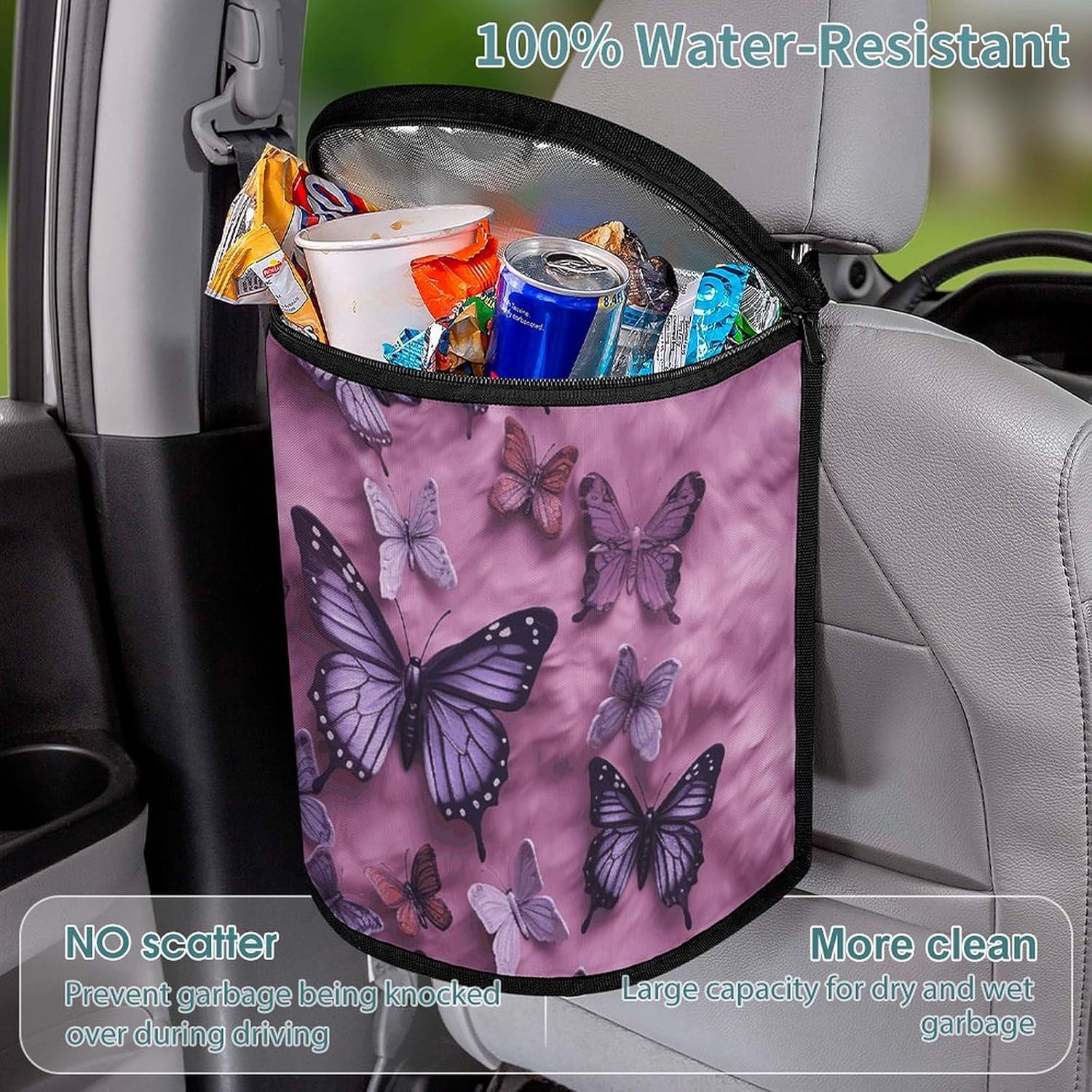 Hanging Car Trash Bag All Butterflies are on Purple Background Printed Car Garbage Storage Bag Leakproof Car Trash Can Portable Garbage Storage Bags