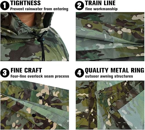 Miniatura 3 de Poncho de lluvia de camuflaje para adultos, poncho militar, impermeable, con capucha, poncho táctico, para caza, senderismo