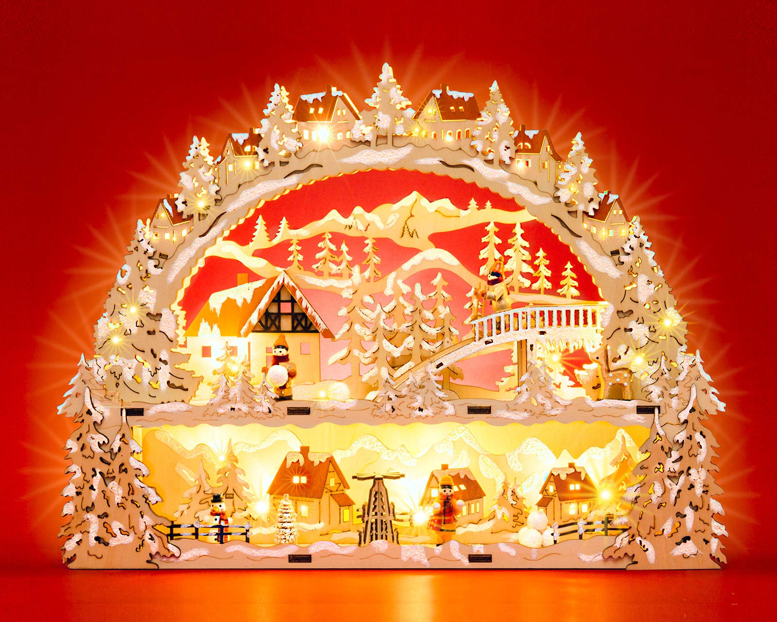 SIKORA LB78 Holz Schwibbogen beleuchteter LED Lichterbogen Motiv Winterdorf Schlittenbahn Deko Weihnachten inkl. Netzteil Breite 43cm