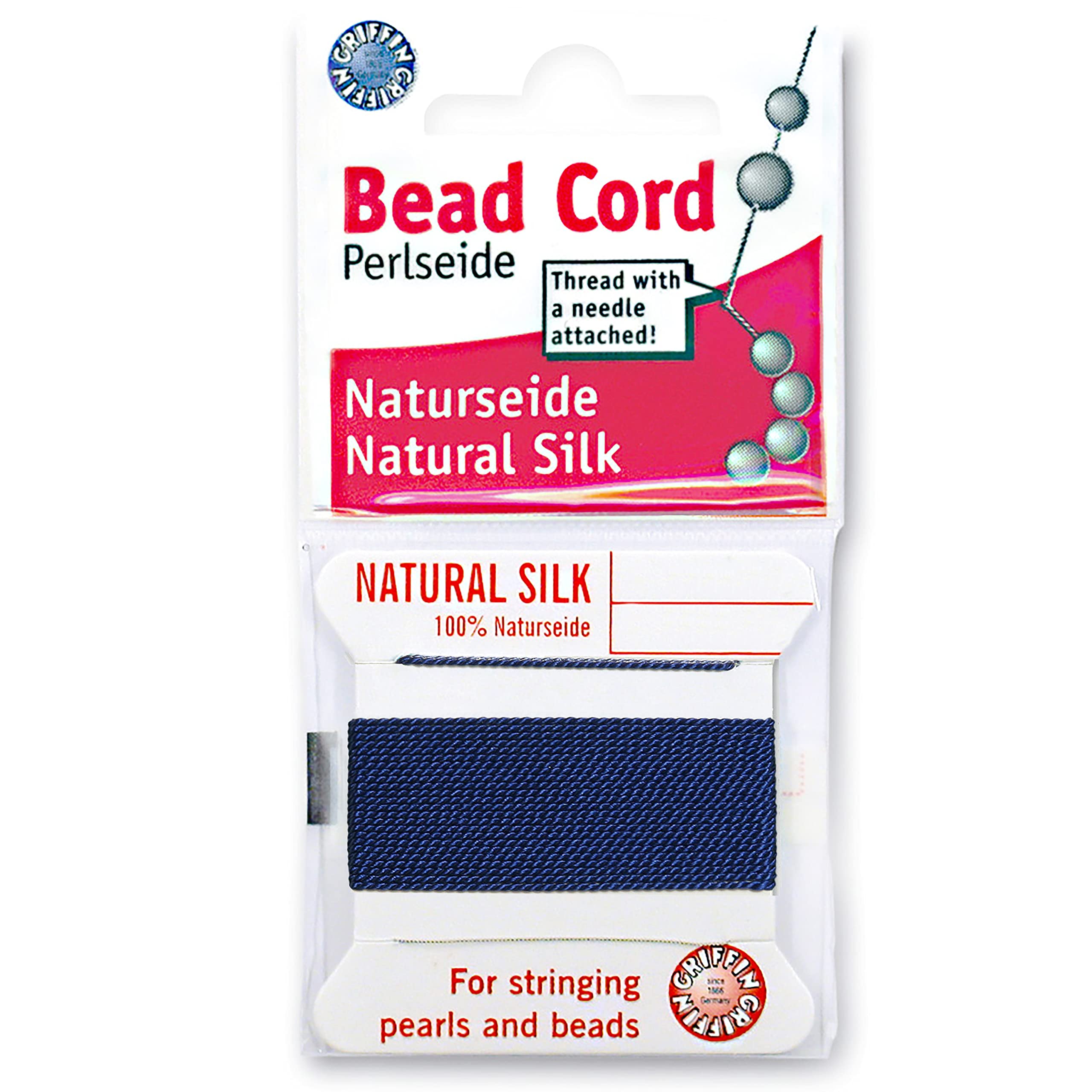 Griffin Dark Blue Silk Bead Cord Perlseide – Color – Size 10 (0.90Mm) – 2 Meters Per Card – Stainless Steel Needle Attached – For Knotting Pearls, Gemstones, Crystals And Beads