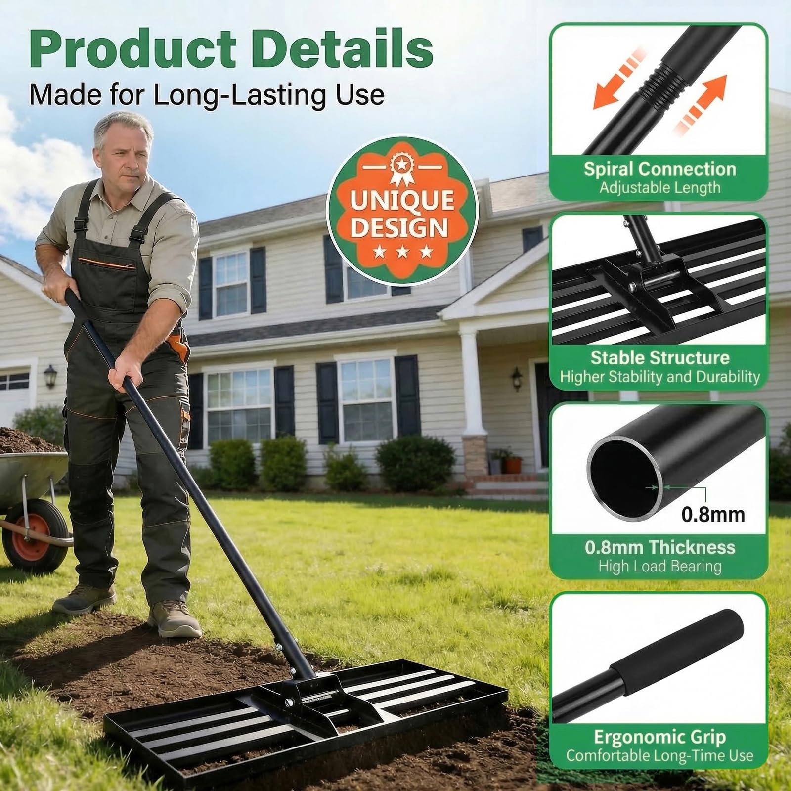 Lawn Levelling Rake, 76cm x 25cm Heavy Duty Metal Leveller with 200cm Ergonomic Long Handle, Gardening Tool for Smoothing and Leveling Uneven Lawn Surfaces Levleler — view 7